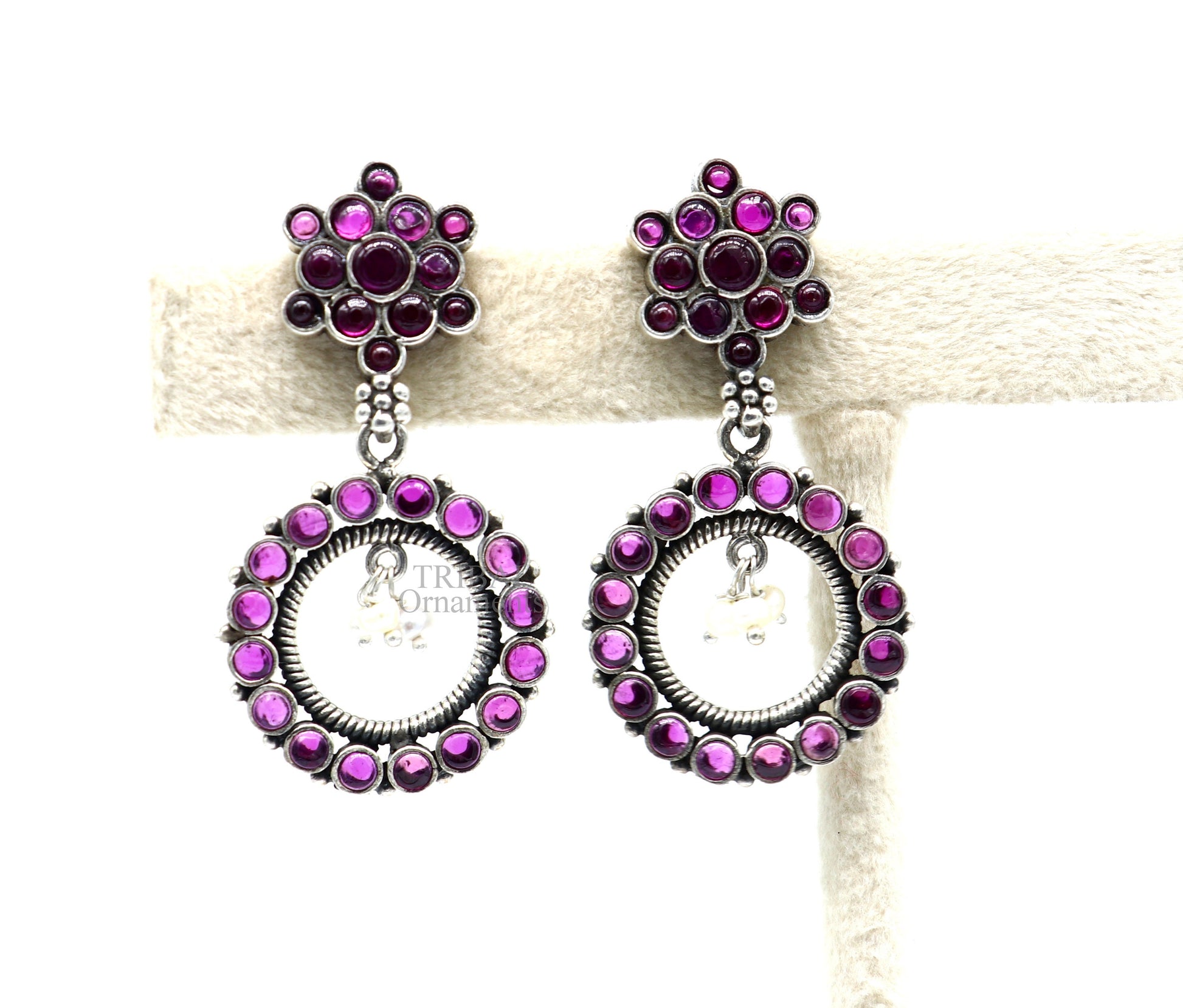 Tribal Ornaments 925 silver dangle earrings with red beads and pearl, trendy round stud and drop design, perfect for gifting