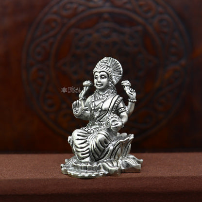 925 silver Goddess Lakshmi statue figurine for puja, symbolizing wealth and prosperity, ideal for Diwali festival worship.