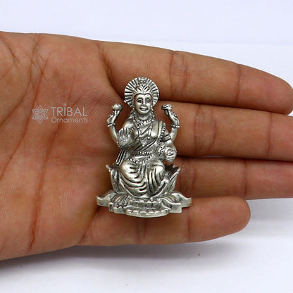 925 silver Goddess Lakshmi statue figurine for Hindu puja, symbolizing wealth and prosperity, ideal for Diwali festival worship.
