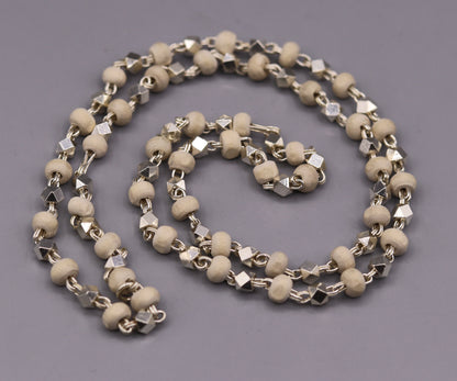 925 silver handcrafted Basil rosary beads with silver beads and necklace chain, Tulsi mala for Ayurveda and spiritual focus.