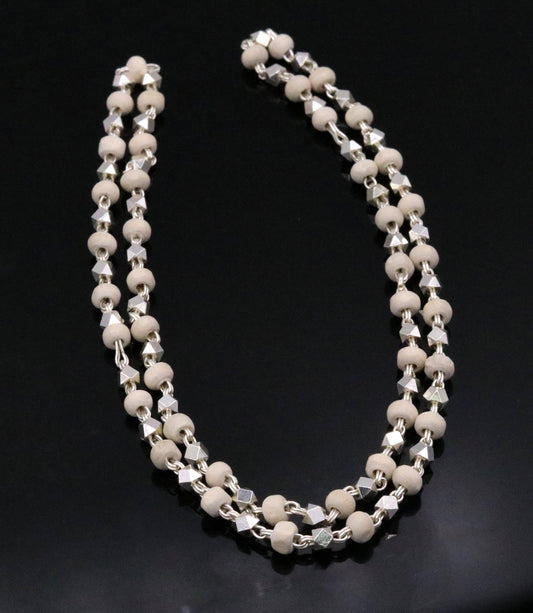 925 Silver handcrafted Basil rosary beads with silverbeads necklace chain tulsi mala use in Ayurveda for feel protected and focused ch19 - TRIBAL ORNAMENTS