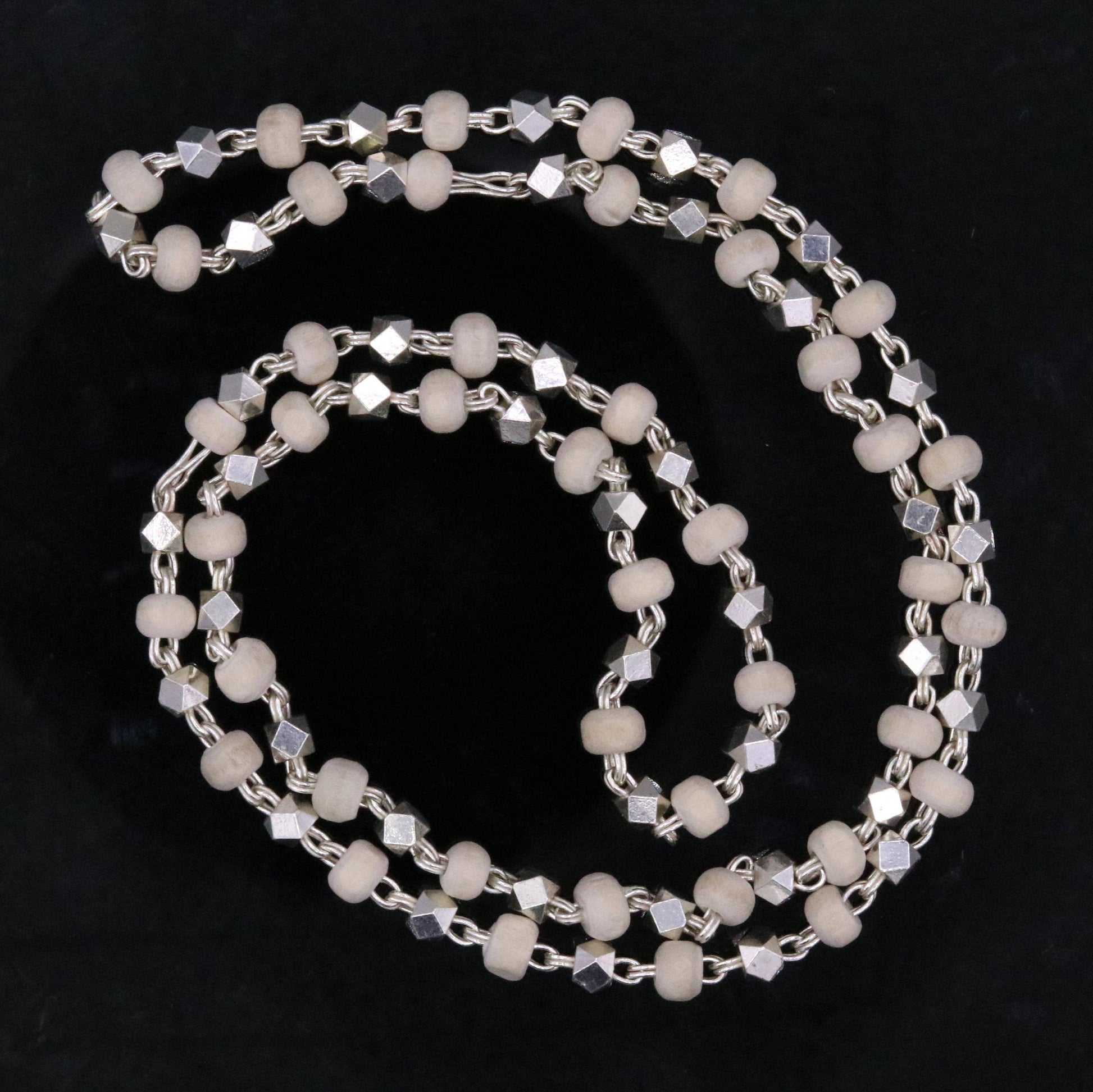925 Silver handcrafted Basil rosary beads with silverbeads necklace chain tulsi mala use in Ayurveda for feel protected and focused ch19 - TRIBAL ORNAMENTS