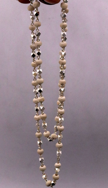 925 silver handcrafted Basil rosary beads with silver beads on a necklace chain, Tulsi mala for Ayurveda, protection, and focus.
