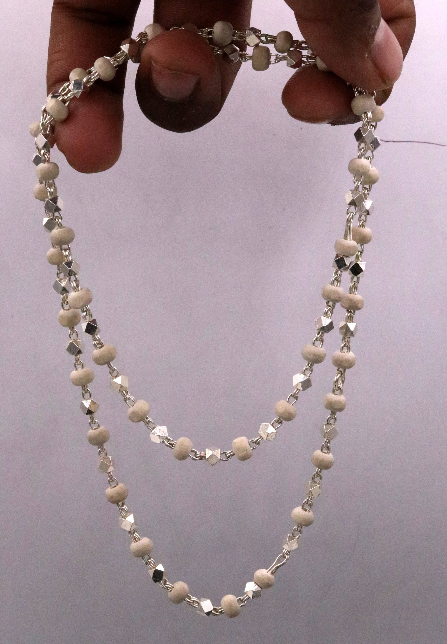 925 Silver handcrafted Basil rosary beads with silverbeads necklace chain tulsi mala use in Ayurveda for feel protected and focused ch19 - TRIBAL ORNAMENTS