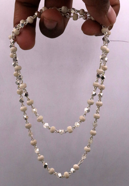 925 silver handcrafted Basil rosary beads with silver beads on a necklace chain, Tulsi mala used in Ayurveda for protection and focus.