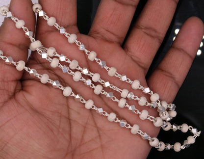 925 Silver handcrafted Basil rosary beads with silver beads, turquoise necklace chain, Tulsi mala for Ayurveda, protection, and focus.