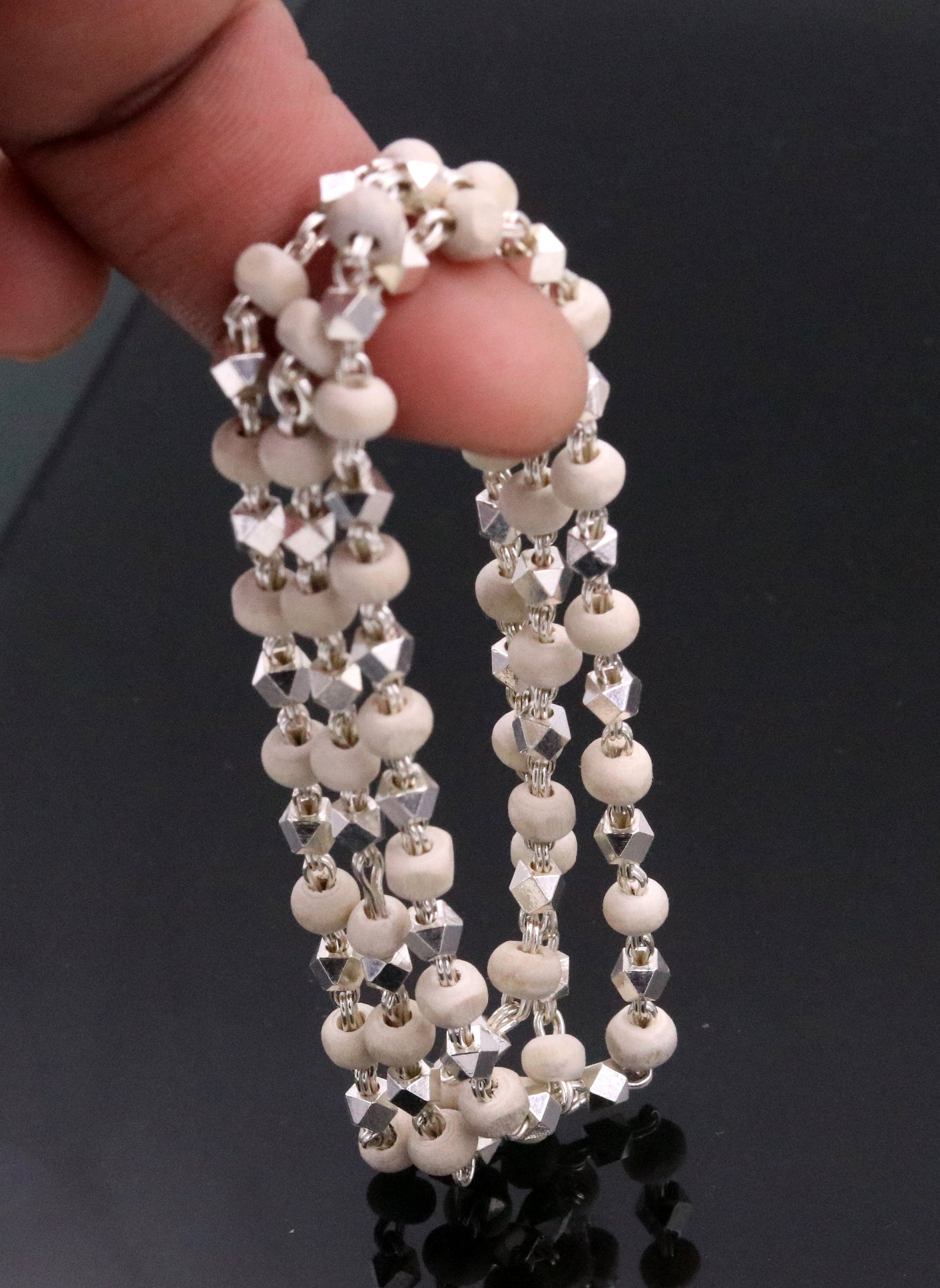 925 Silver handcrafted Basil rosary beads with silverbeads necklace chain tulsi mala use in Ayurveda for feel protected and focused ch19 - TRIBAL ORNAMENTS