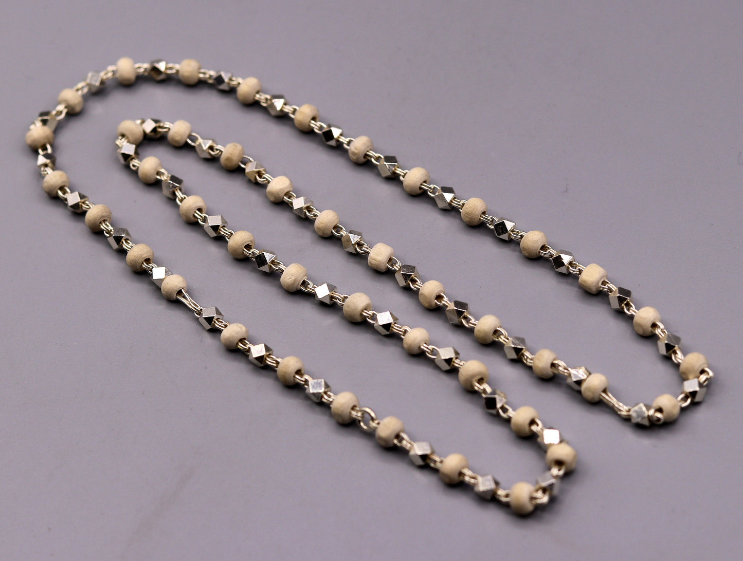 925 Silver handcrafted Basil rosary beads with silverbeads necklace chain tulsi mala use in Ayurveda for feel protected and focused ch19 - TRIBAL ORNAMENTS