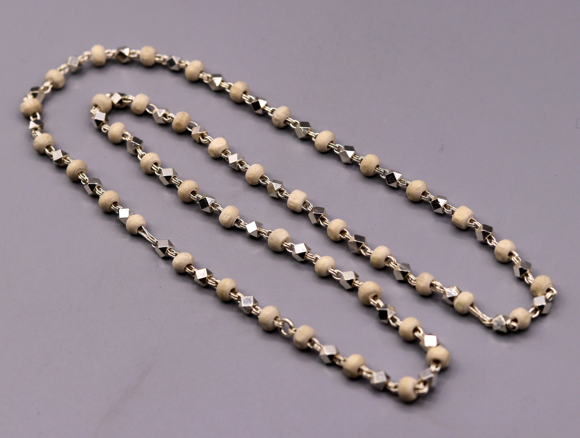 925 Silver handcrafted Basil rosary beads with silverbeads necklace chain tulsi mala use in Ayurveda for feel protected and focused ch19 - TRIBAL ORNAMENTS