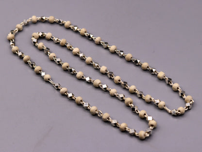 925 silver handcrafted basil rosary beads with silver beads on a necklace chain, used in Ayurveda for protection and focus.