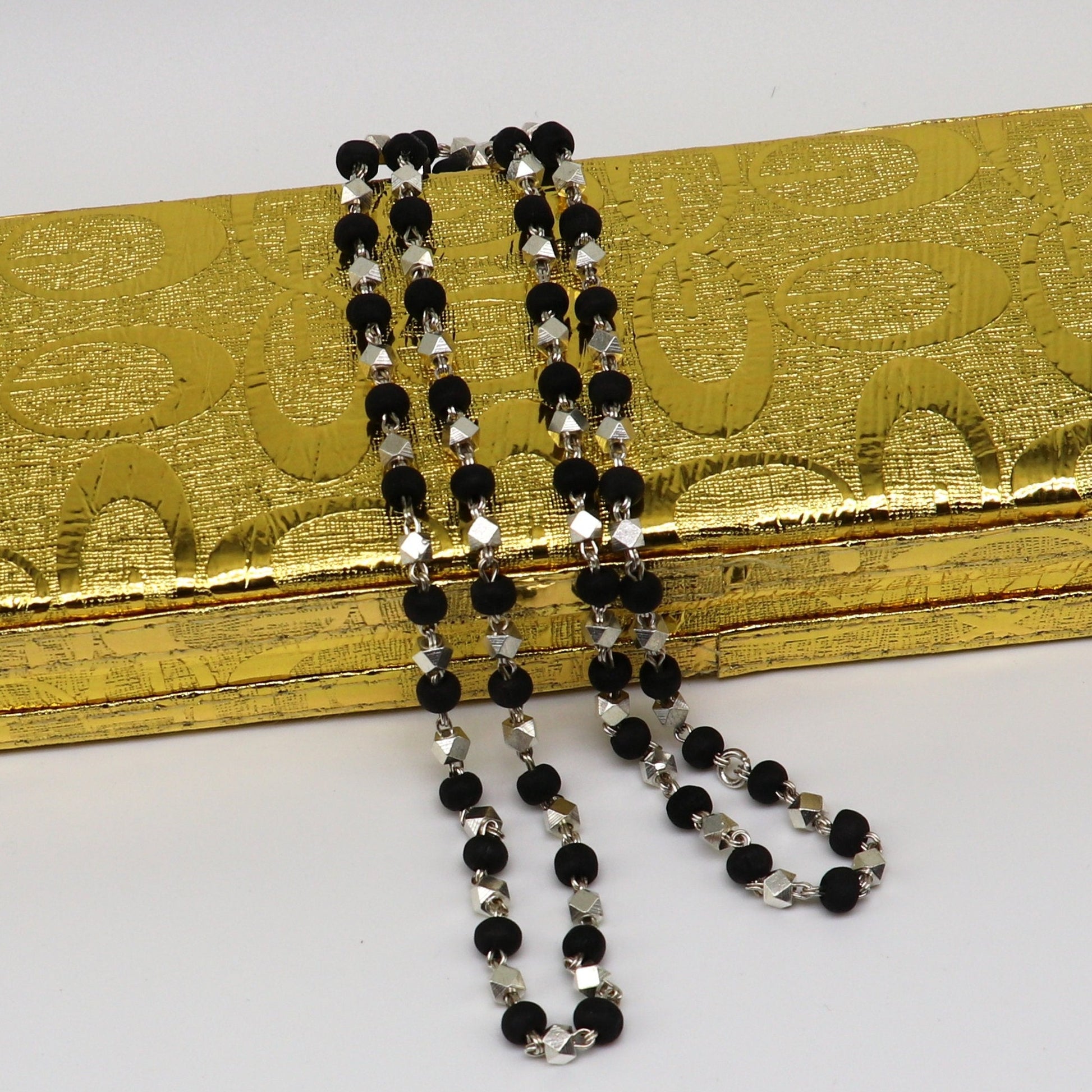 925 Silver handcrafted Black Basil rosary beads with silver beads necklace chain tulsi mala use in Ayurveda feel protected and focused ch102 - TRIBAL ORNAMENTS