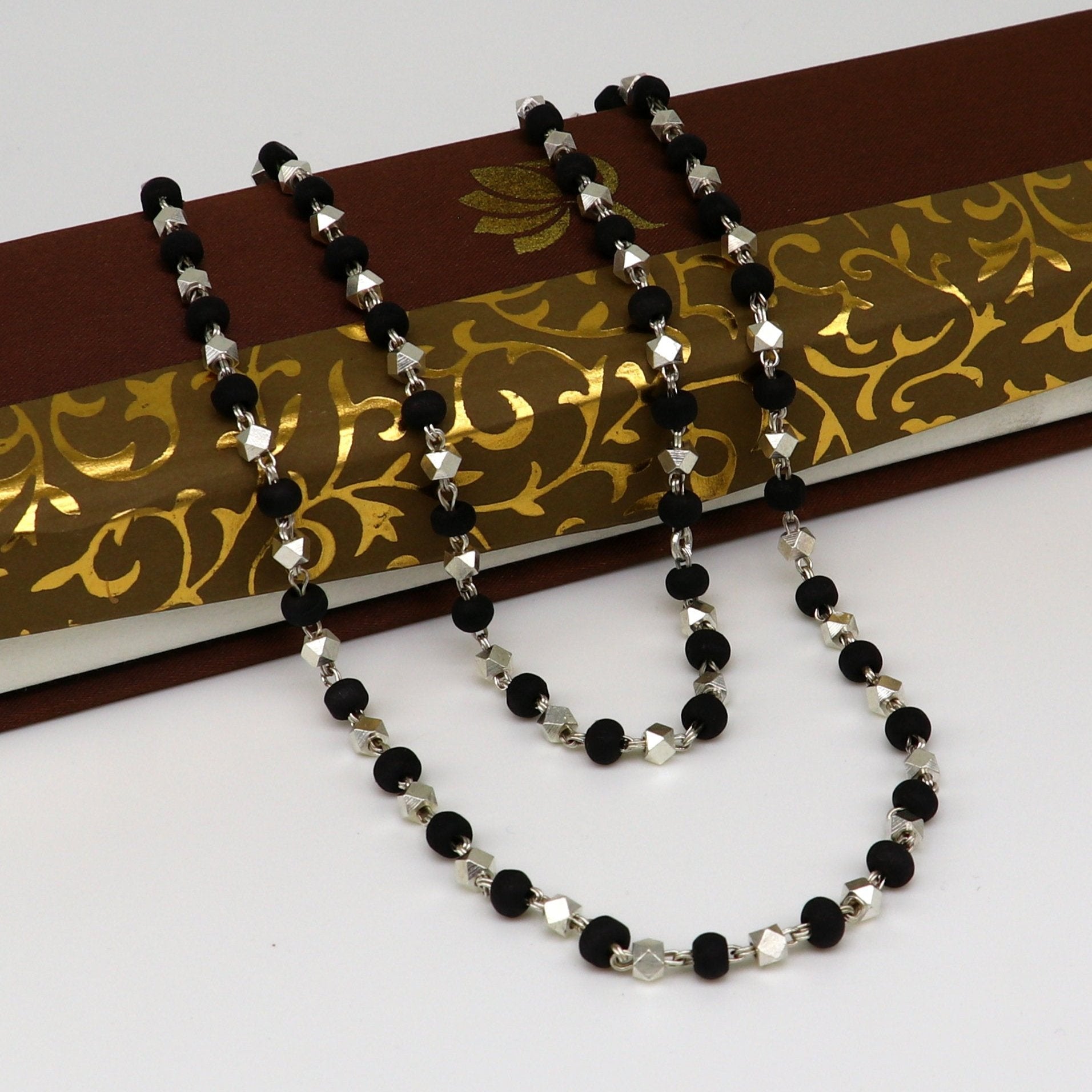 925 Silver handcrafted Black Basil rosary beads with silver beads necklace chain tulsi mala use in Ayurveda feel protected and focused ch102 - TRIBAL ORNAMENTS
