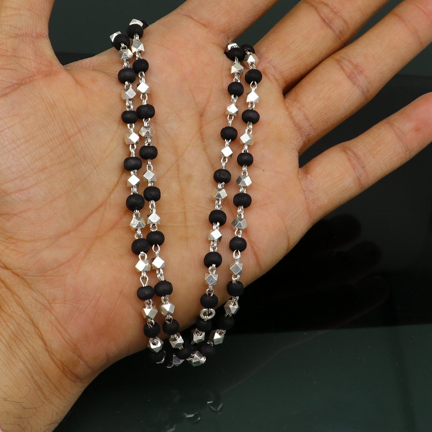 925 Silver handcrafted Black Basil rosary beads with silver beads necklace chain tulsi mala use in Ayurveda feel protected and focused ch102 - TRIBAL ORNAMENTS