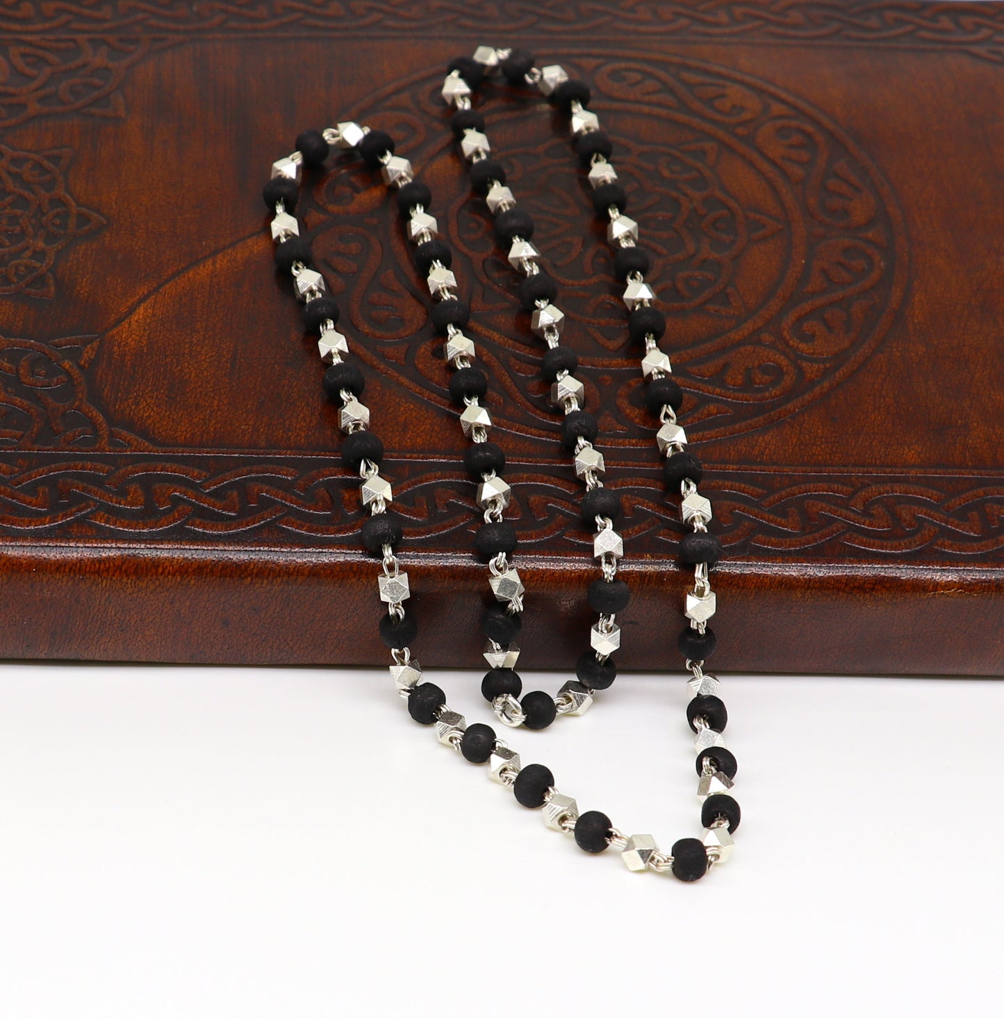 925 Silver handcrafted Black Basil rosary beads with silver beads necklace chain tulsi mala use in Ayurveda feel protected and focused ch102 - TRIBAL ORNAMENTS