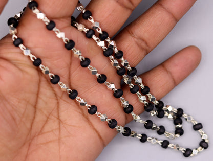 925 Silver handcrafted Black Basil rosary beads with silver beads and chain, ideal for Ayurveda use and spiritual focus.