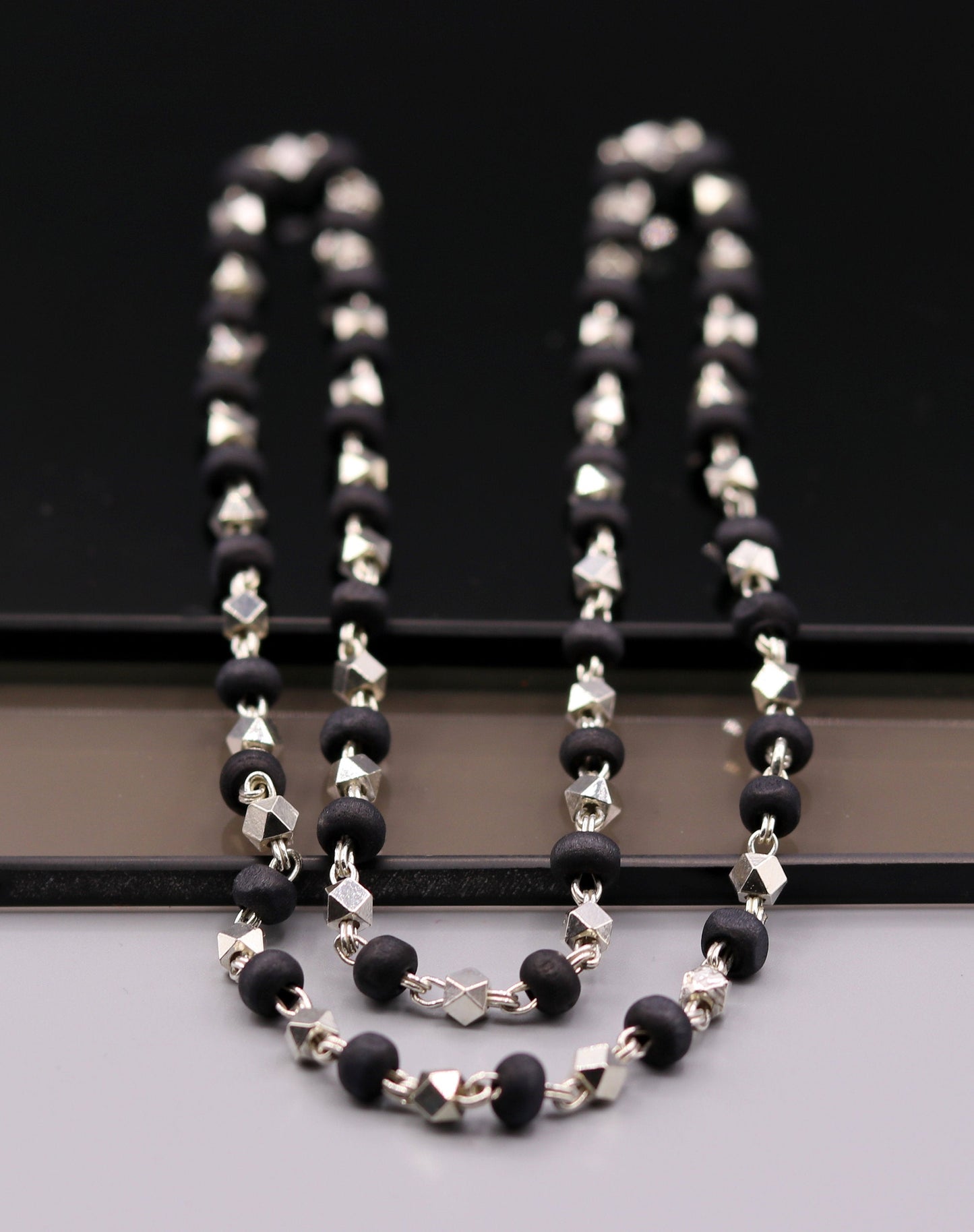 925 Silver handcrafted Black Basil rosary beads with silver beads necklace chain tulsi mala use in Ayurveda feel protected and focused ch20 - TRIBAL ORNAMENTS