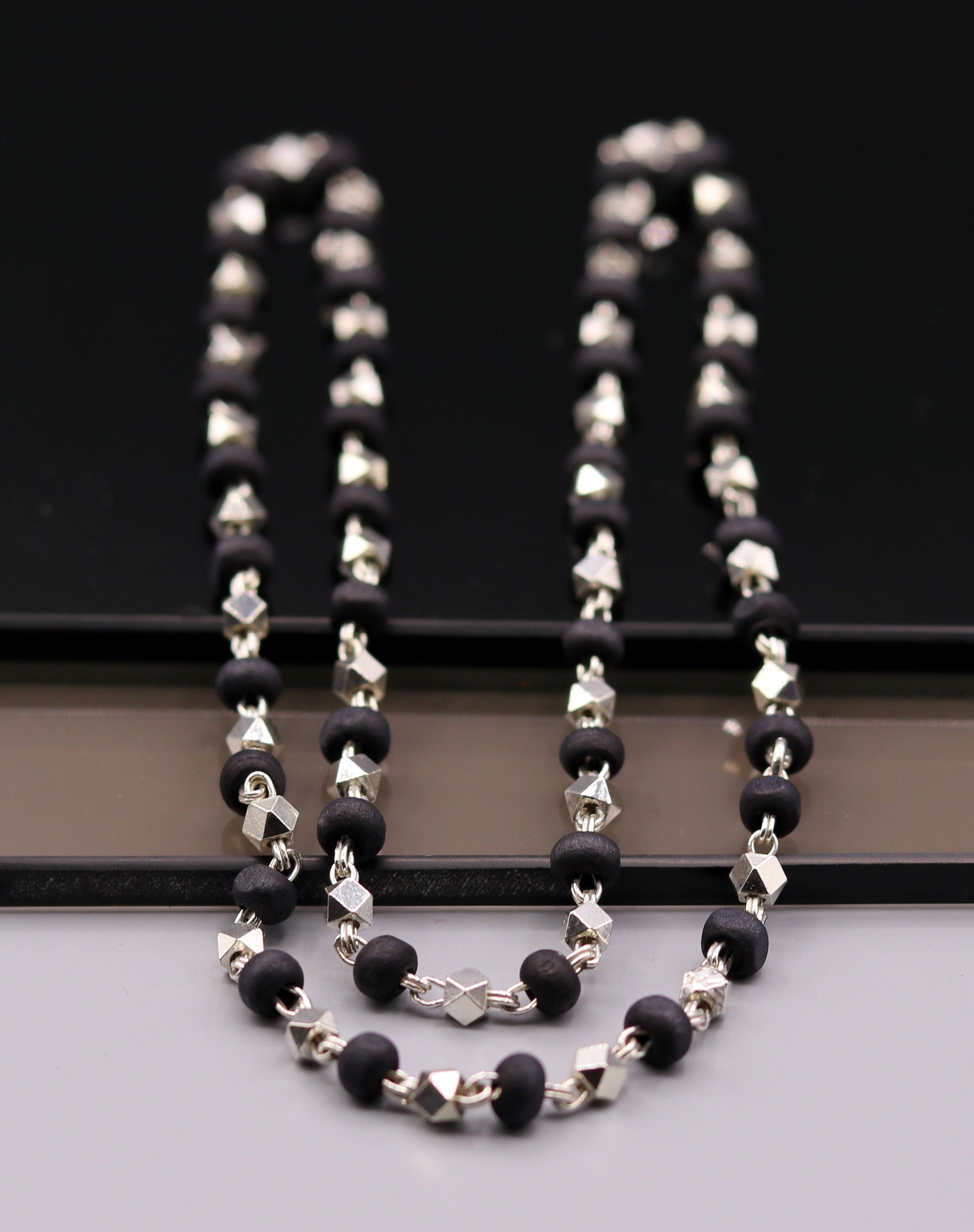 925 Silver handcrafted Black Basil rosary beads with silver beads necklace chain tulsi mala use in Ayurveda feel protected and focused ch20 - TRIBAL ORNAMENTS
