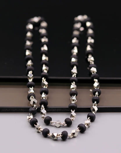 Handcrafted 925 silver Black Basil rosary beads with silver necklace chain, Tulsi mala for Ayurveda, protection, and focus.