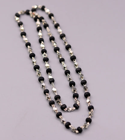 925 Silver handcrafted Black Basil rosary beads with silver beads on a necklace chain, ideal for Ayurveda and spiritual focus.