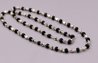 925 Silver handcrafted Black Basil rosary beads with silver beads and necklace chain, ideal for Ayurveda and spiritual focus.