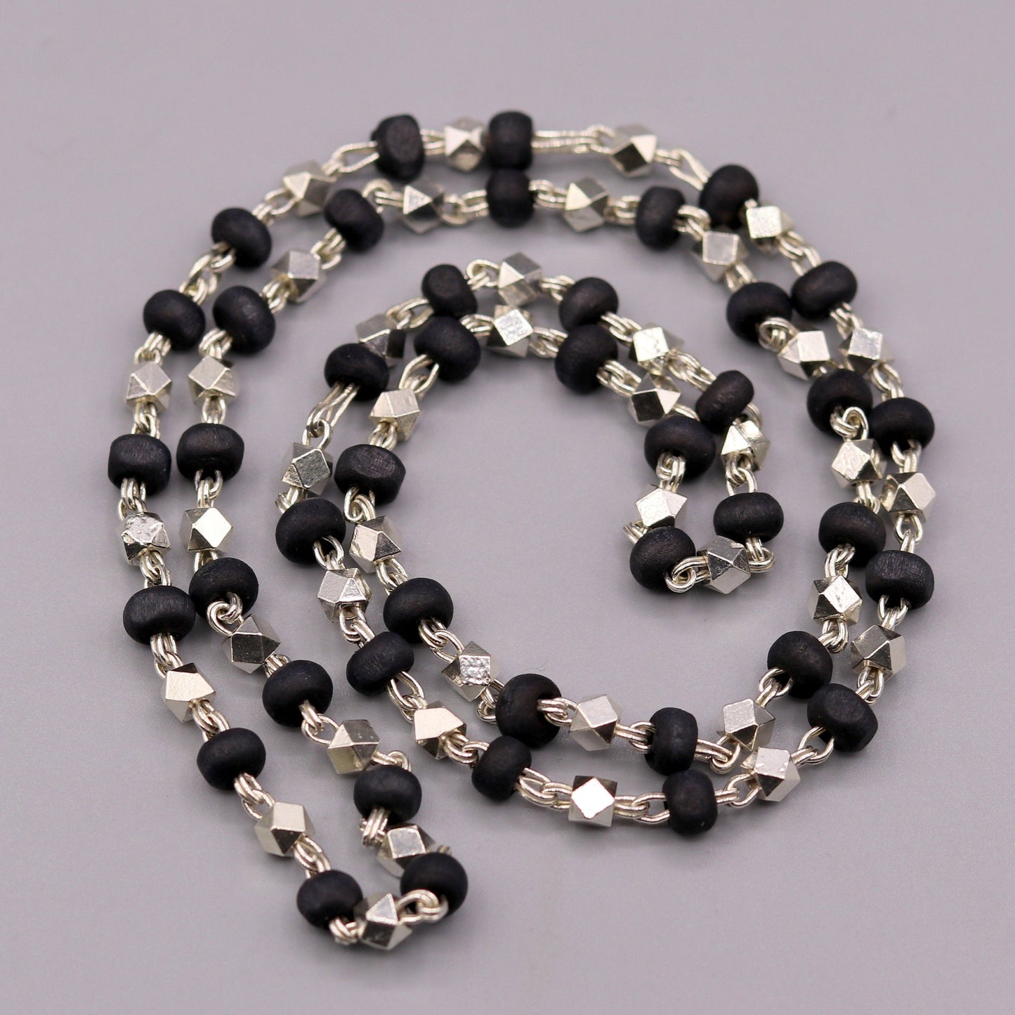 925 Silver handcrafted Black Basil rosary beads with silver beads necklace chain tulsi mala use in Ayurveda feel protected and focused ch20 - TRIBAL ORNAMENTS