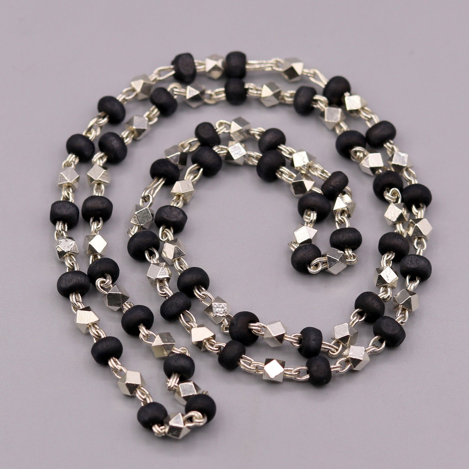925 Silver handcrafted Black Basil rosary beads with silver beads necklace chain tulsi mala use in Ayurveda feel protected and focused ch20 - TRIBAL ORNAMENTS