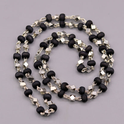 Handcrafted 925 silver Black Basil rosary beads with silver beads, featuring a necklace chain Tulsi mala for Ayurveda practice.