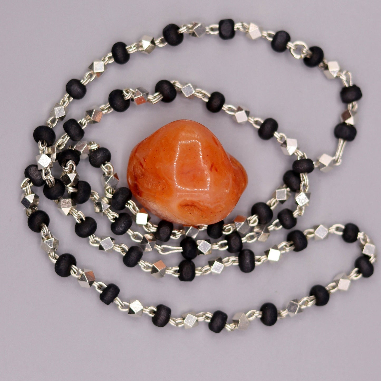 925 Silver handcrafted Black Basil rosary beads with silver beads necklace chain tulsi mala use in Ayurveda feel protected and focused ch20 - TRIBAL ORNAMENTS