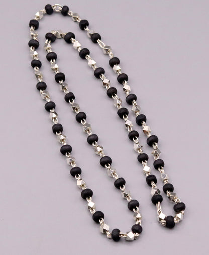 925 Silver handcrafted Black Basil rosary beads with silver beads necklace chain, Tulsi mala for Ayurveda and spiritual focus.