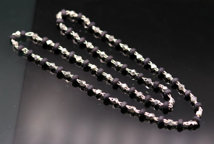 Handcrafted 925 silver Black Basil rosary beads with silver beads on a necklace chain, ideal for Ayurveda and spiritual focus.