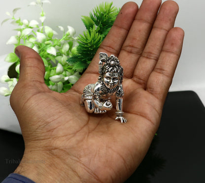 925 silver handmade Little Krishna idol sculpture, crawling Ladu Gopal for home temple puja, crafted by TRIBAL ORNAMENTS