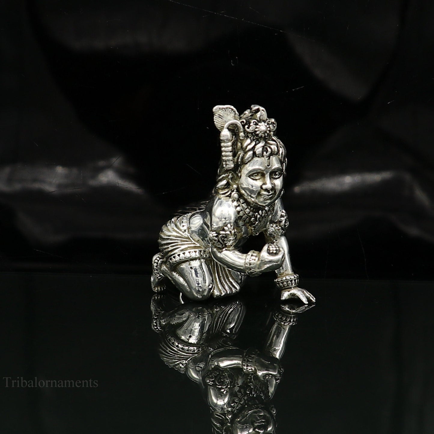 925 silver handmade customized idol little krishna, Ladu Gopal,crawling Krishna small statue sculpture home temple puja art, utensils art123 - TRIBAL ORNAMENTS