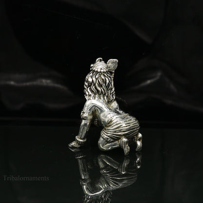 925 silver handmade Krishna idol, small crawling Ladu Gopal statue for home temple puja, crafted by TRIBAL ORNAMENTS.