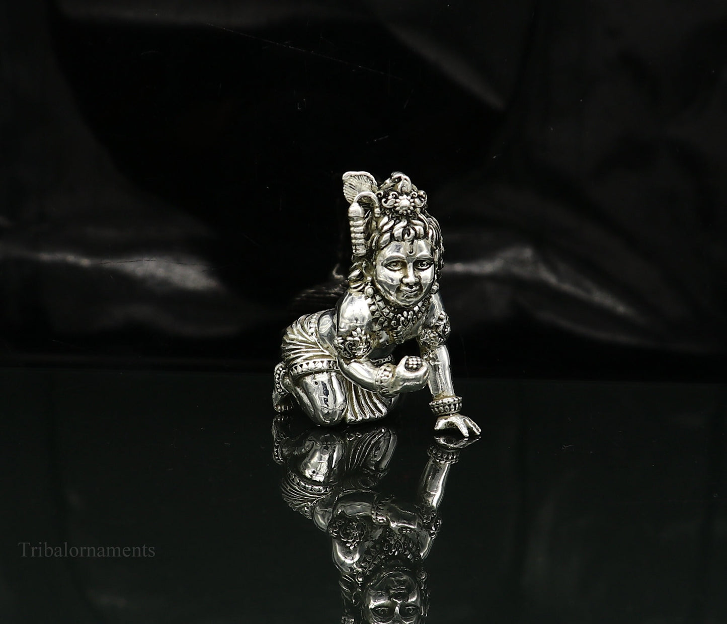 925 silver handmade customized idol little krishna, Ladu Gopal,crawling Krishna small statue sculpture home temple puja art, utensils art123 - TRIBAL ORNAMENTS