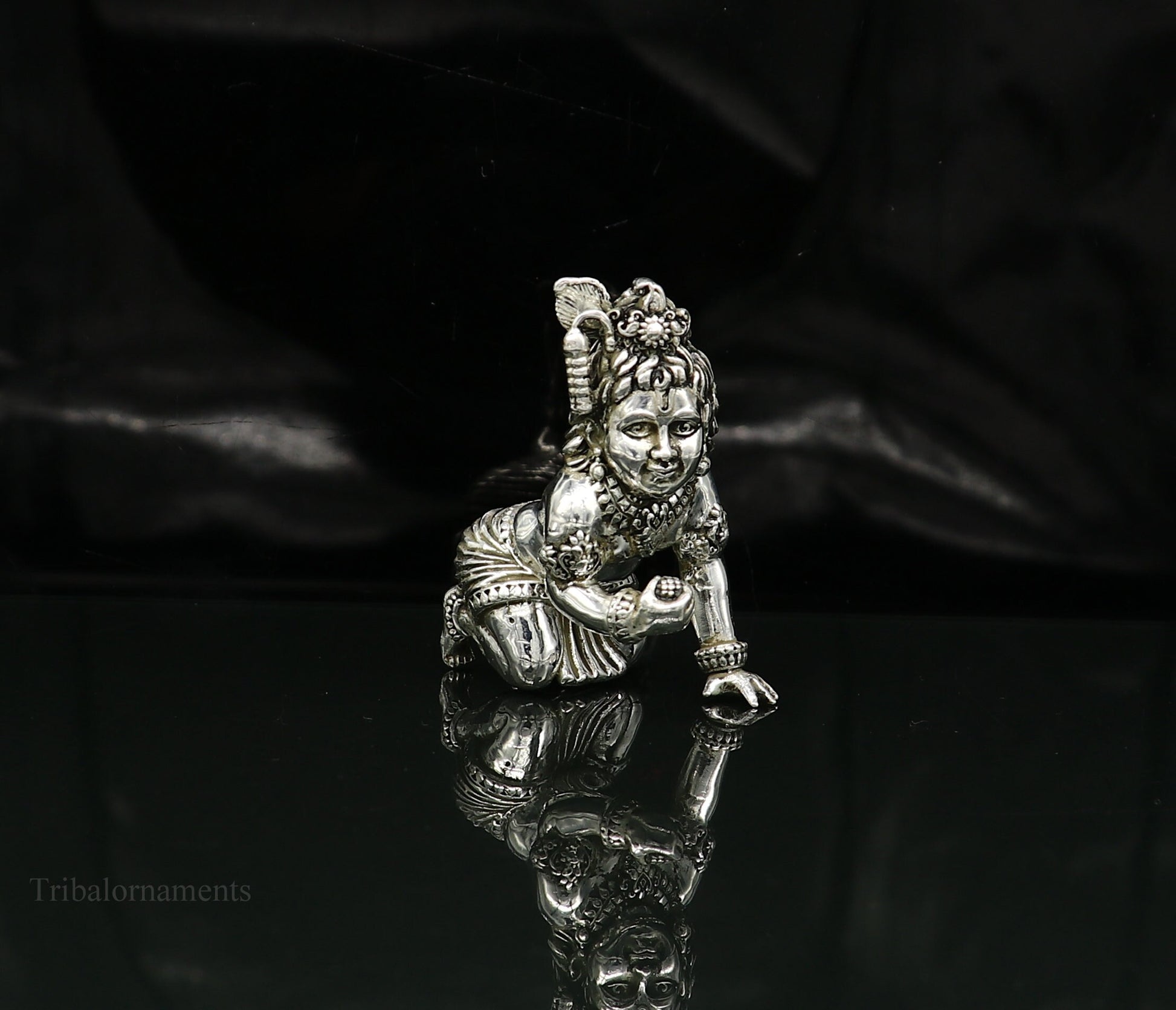 925 silver handmade customized idol little krishna, Ladu Gopal,crawling Krishna small statue sculpture home temple puja art, utensils art123 - TRIBAL ORNAMENTS