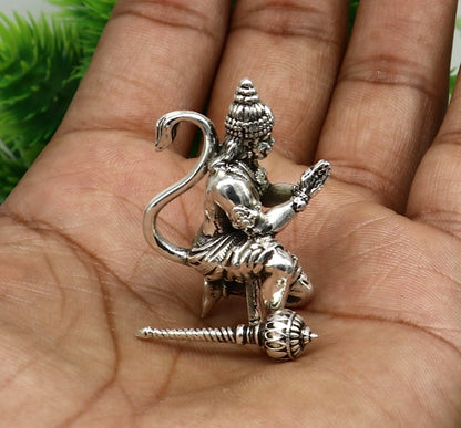 925 silver handmade Lord Hanuman statue, 1.5 inches tall, suitable for puja or gifting, detailed sculpture for home temple decor.