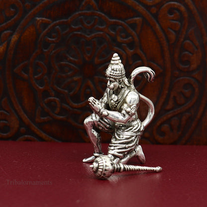 925 silver handmade Lord Hanuman statue, 1.5 inches tall, detailed sculpture for home temple puja and spiritual gifting.