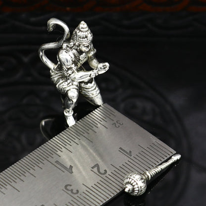 925 Silver Hanuman idol, small handmade Bajrangbali sculpture for puja, car dashboard decor, and home temple worship.