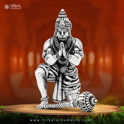 925 silver handmade Lord Hanuman statue, 2.2 inches tall, detailed figurine for home temple puja or gifting, by TRIBAL ORNAMENTS.