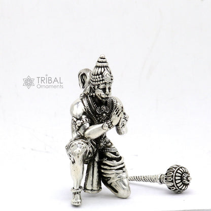 925 silver handmade Lord Hanuman statue, 2.2 inches tall, detailed figurine for home temple puja and gifting.