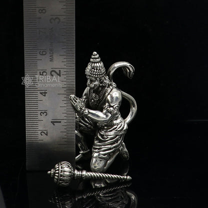 925 silver handmade Lord Hanuman small statue, 2.2 inches, detailed sculpture for puja or gifting, suitable for home temple decor.