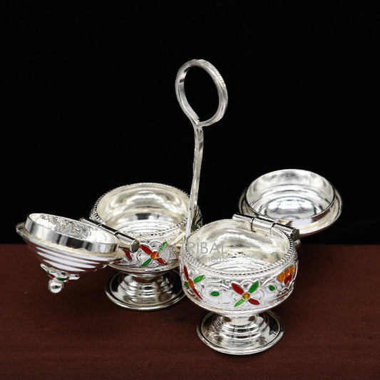 925 silver Vintage design trinket box, excellent kumkum/ sindur, sandal, saffron tilak box, silver kamandalam puja utensils stb788 - TRIBAL ORNAMENTS