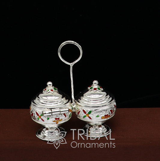 925 silver Vintage design trinket box, excellent kumkum/ sindur, sandal, saffron tilak box, silver kamandalam puja utensils stb788 - TRIBAL ORNAMENTS