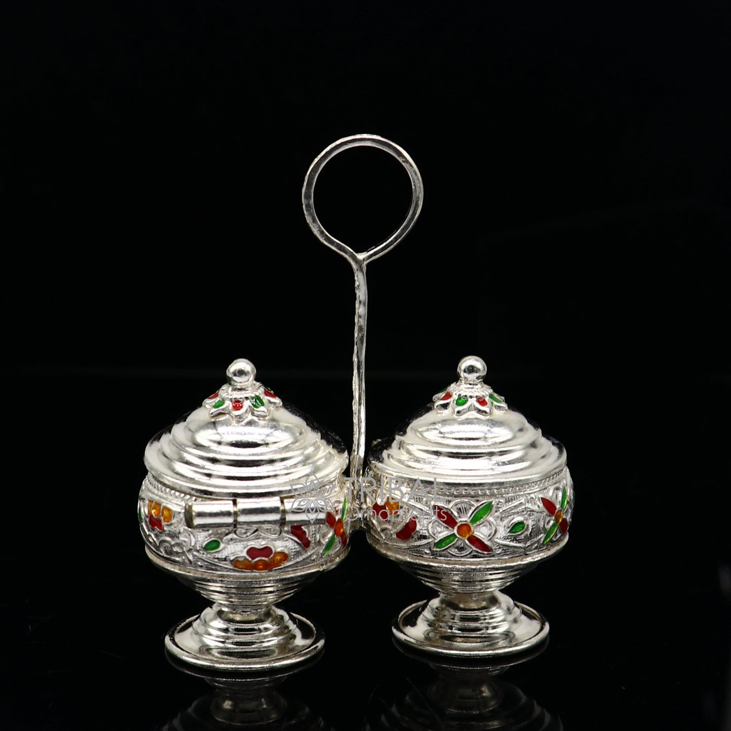 925 silver Vintage design trinket box, excellent kumkum/ sindur, sandal, saffron tilak box, silver kamandalam puja utensils stb788 - TRIBAL ORNAMENTS