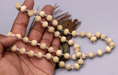 Handcrafted 925 solid silver Tulsi chain mala with 54 wooden beads, traditional Indian jewelry for meditation and spiritual use.