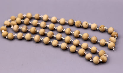 925 solid silver Tulsi chain mala with 54 wooden beads, handcrafted Indian jaap mala necklace for spiritual and medicinal use.
