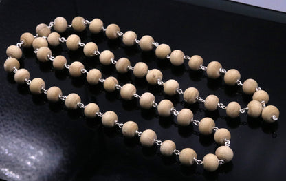 925 solid silver Tulsi chain mala with 54 wooden beads, handcrafted Indian jaap mala necklace for spiritual and medical use.