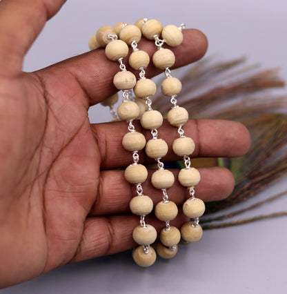 Handcrafted 925 solid silver Tulsi chain mala with 54 wooden beads, traditional Indian jewelry for spiritual and medical use.