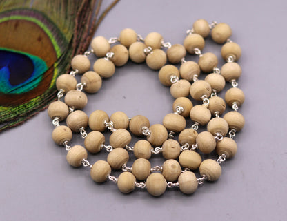 925 solid silver tulsi chain mala with 54 wooden beads, handcrafted Indian jaap mala necklace for spiritual or medical use.