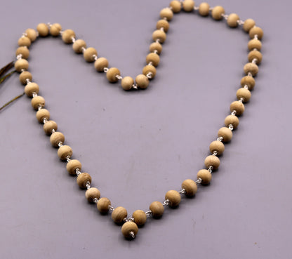 925 solid silver tulsi chain mala with 54 wooden beads, handcrafted Indian jaap mala necklace for spiritual and medical use